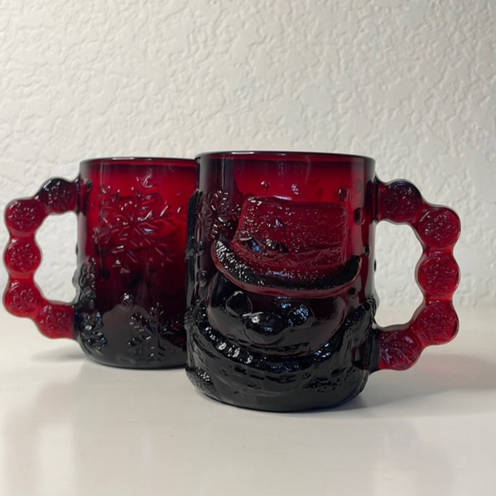 Arcoroc vintage pair Christmas Red Glass snowman Mug‎ Coffee Cup  France.